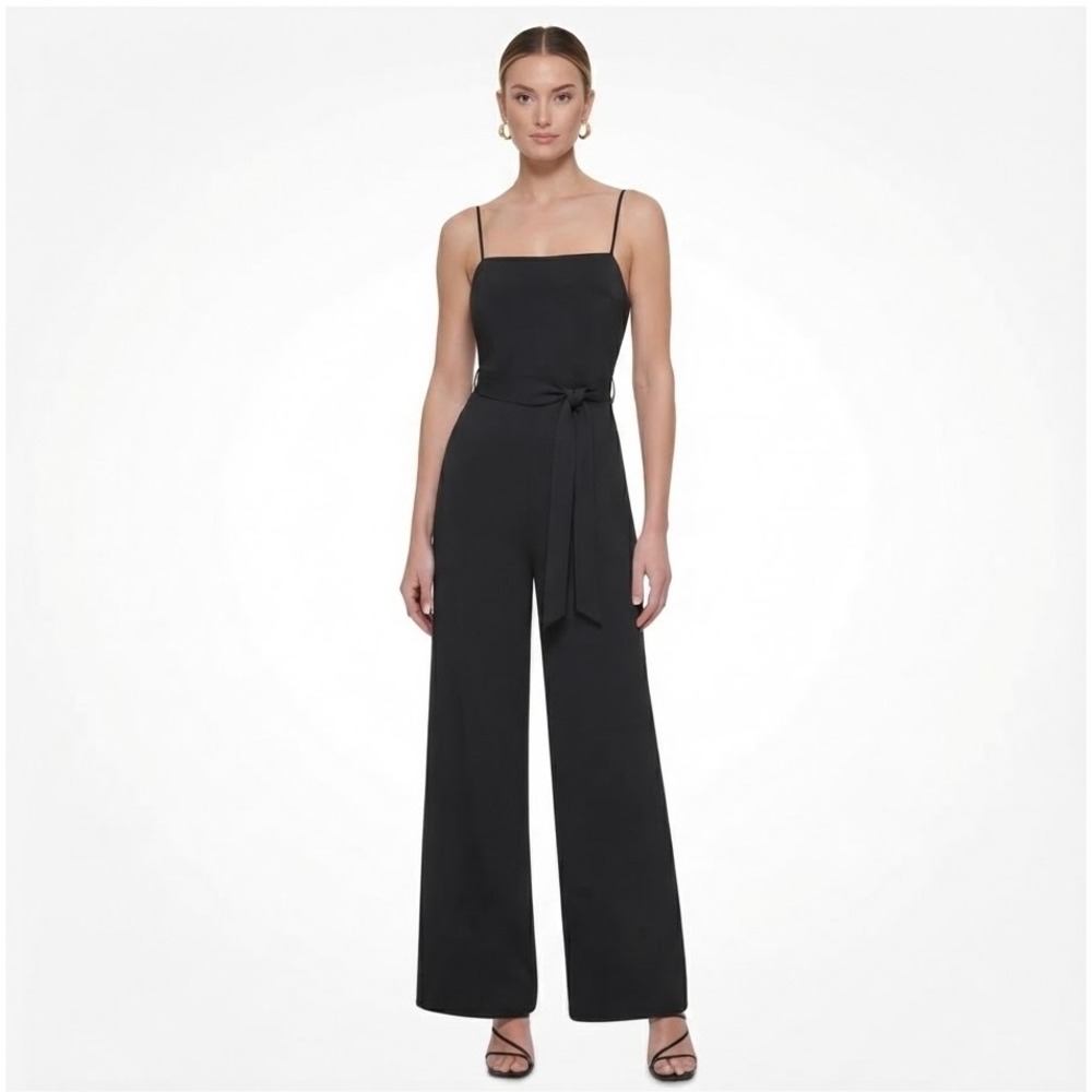 Nine West Black Wide Leg Jumpsuit Sleeveless Square Neck Tie Waist Small